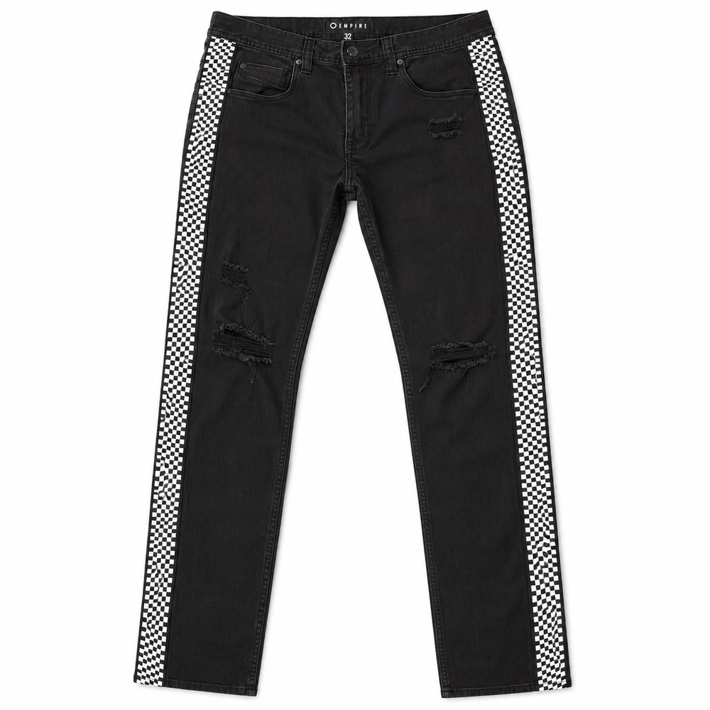 Empyre Recoil Skinny Jeans Mens 32x32 Black Checkerboard Stripe Distressed Skate